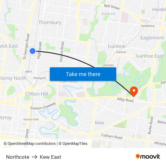 Northcote to Kew East map