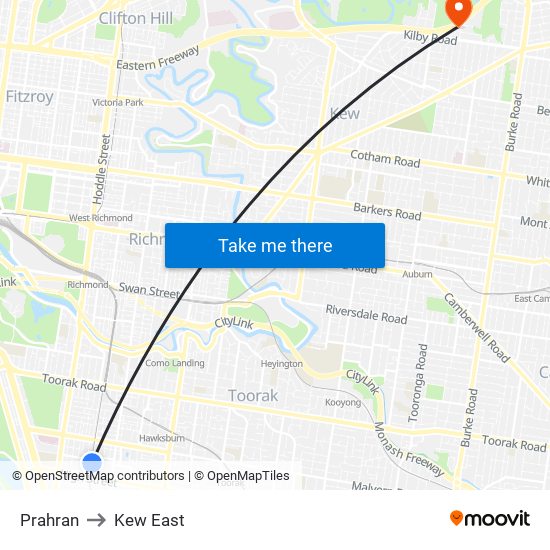 Prahran to Kew East map