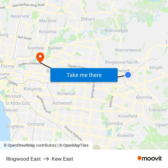 Ringwood East to Kew East map