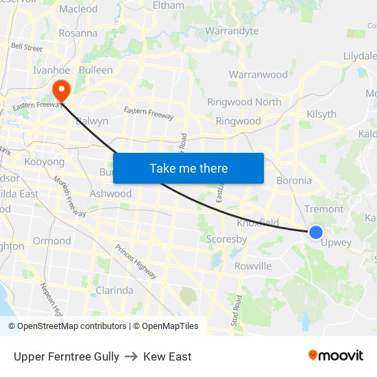 Upper Ferntree Gully to Kew East map