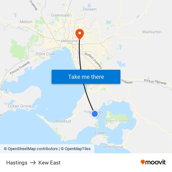 Hastings to Kew East map