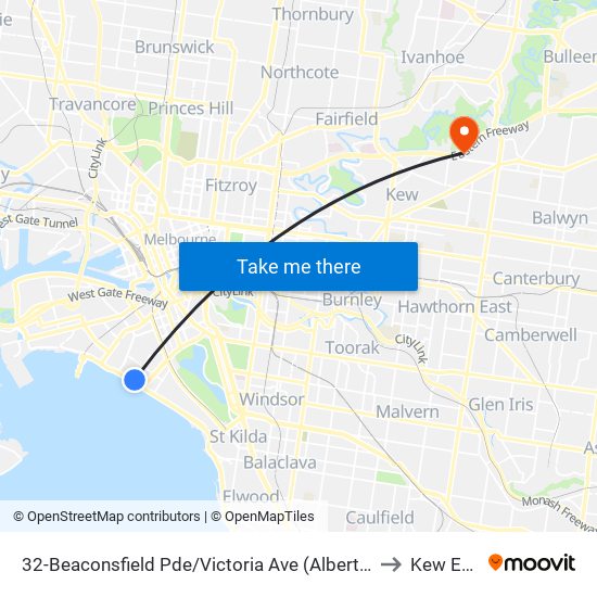 32-Beaconsfield Pde/Victoria Ave (Albert Park) to Kew East map