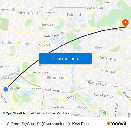 18-Grant St/Sturt St (Southbank) to Kew East map