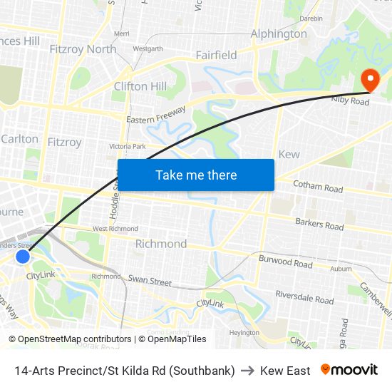 14-Arts Precinct/St Kilda Rd (Southbank) to Kew East map