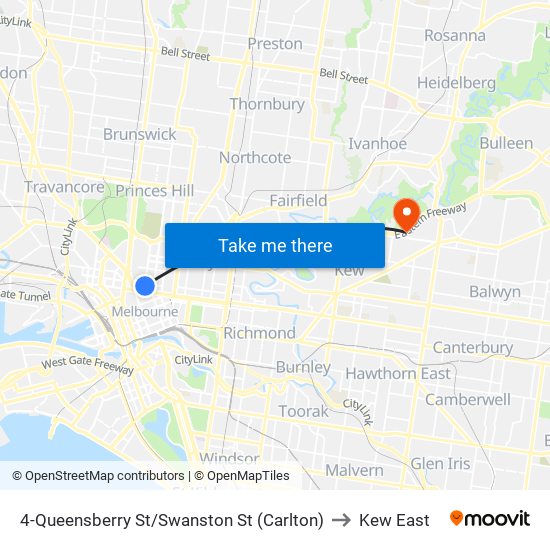 4-Queensberry St/Swanston St (Carlton) to Kew East map
