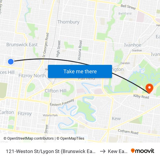 121-Weston St/Lygon St (Brunswick East) to Kew East map