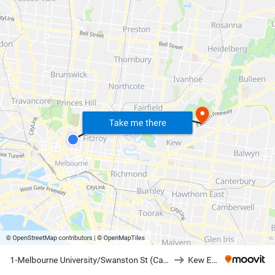 1-Melbourne University/Swanston St (Carlton) to Kew East map