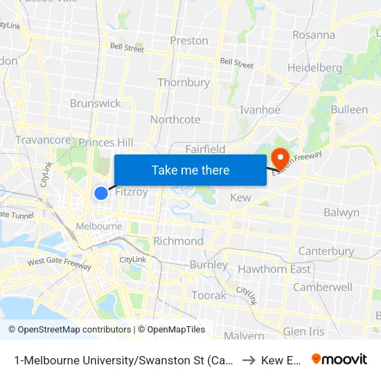Melbourne University/Swanston St #1 to Kew East map
