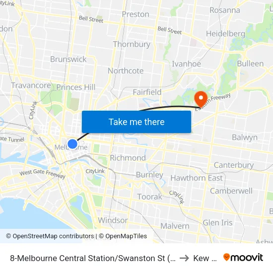 Melbourne Central Station/Swanston St #8 to Kew East map