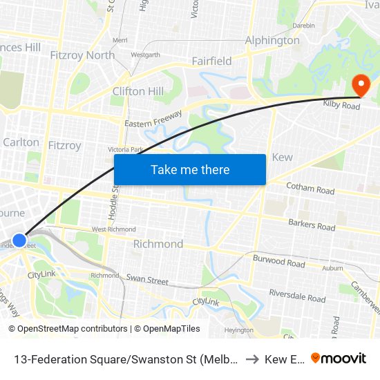 13-Federation Square/Swanston St (Melbourne City) to Kew East map