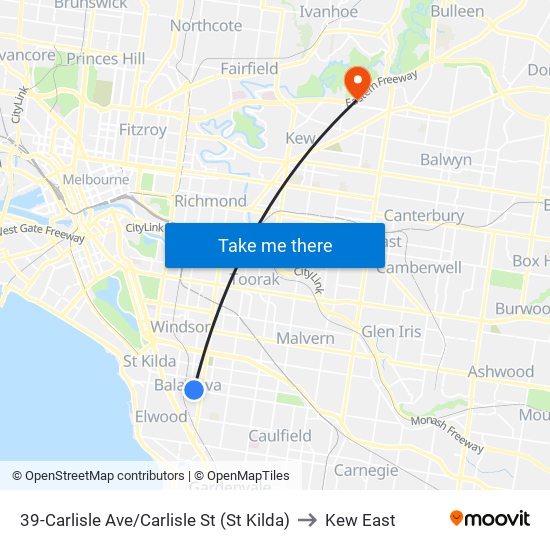 39-Carlisle Ave/Carlisle St (St Kilda) to Kew East map