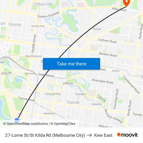 27-Lorne St/St Kilda Rd (Melbourne City) to Kew East map