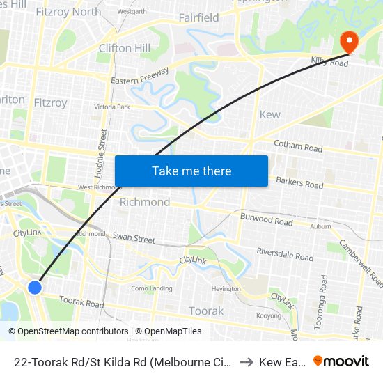 22-Toorak Rd/St Kilda Rd (Melbourne City) to Kew East map