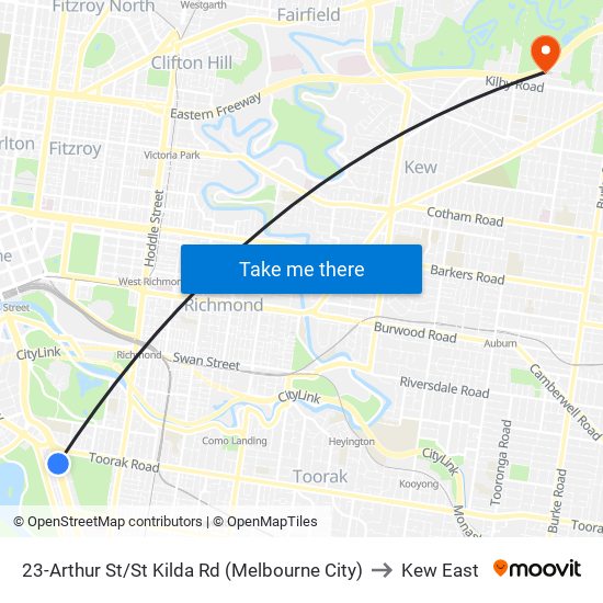 23-Arthur St/St Kilda Rd (Melbourne City) to Kew East map