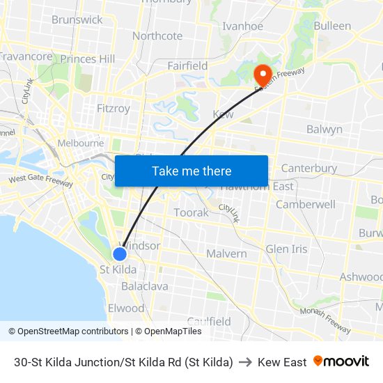 30-St Kilda Junction/St Kilda Rd (St Kilda) to Kew East map