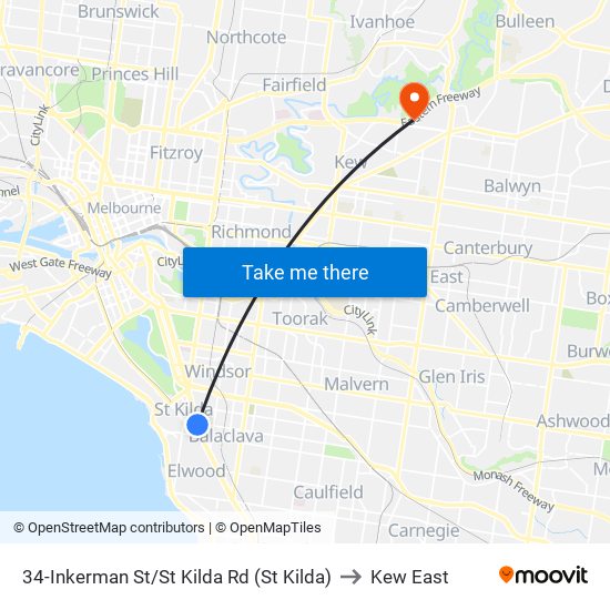 34-Inkerman St/St Kilda Rd (St Kilda) to Kew East map