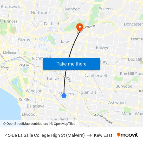 45-De La Salle College/High St (Malvern) to Kew East map