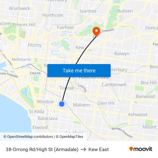 38-Orrong Rd/High St (Armadale) to Kew East map