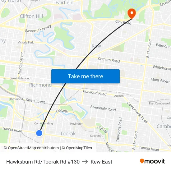 Hawksburn Rd/Toorak Rd #130 to Kew East map