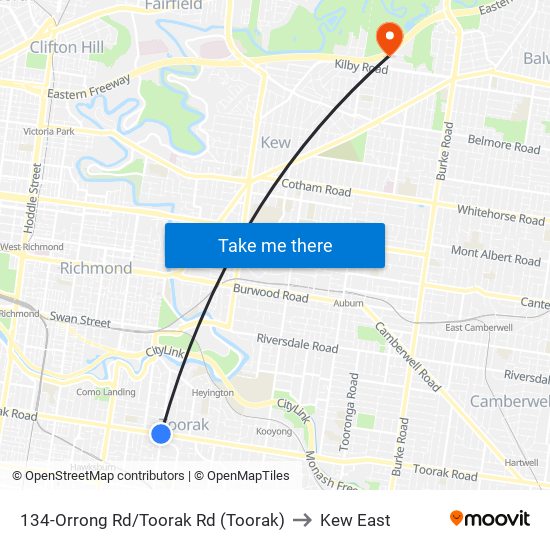 134-Orrong Rd/Toorak Rd (Toorak) to Kew East map