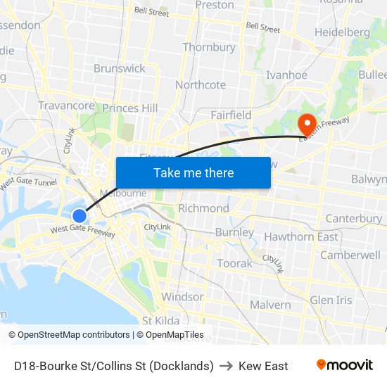 D18-Bourke St/Collins St (Docklands) to Kew East map