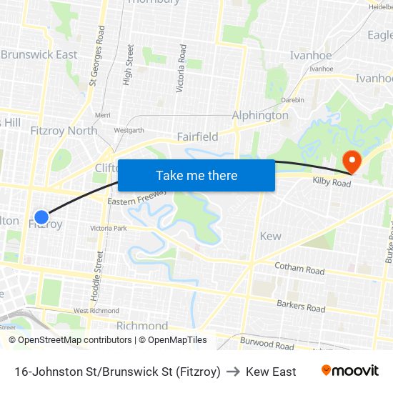 16-Johnston St/Brunswick St (Fitzroy) to Kew East map