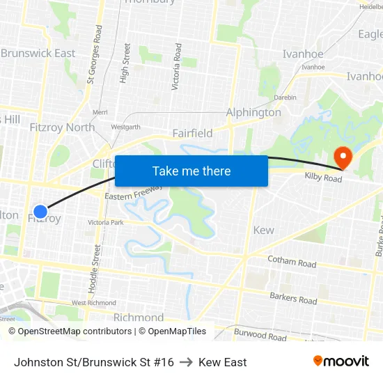 Johnston St/Brunswick St #16 to Kew East map