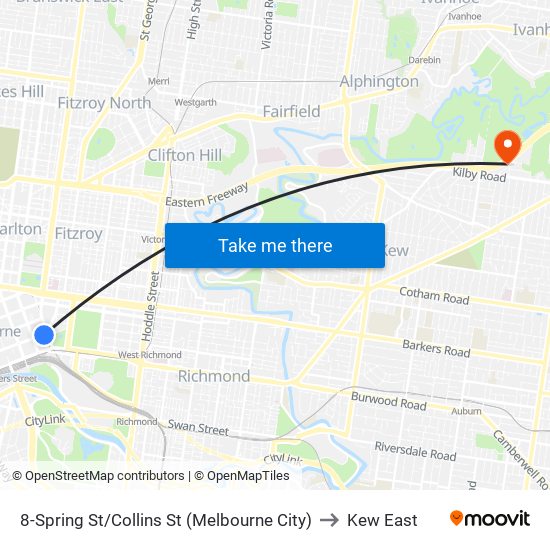 8-Spring St/Collins St (Melbourne City) to Kew East map