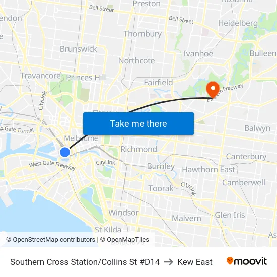 Southern Cross Station/Collins St #D14 to Kew East map