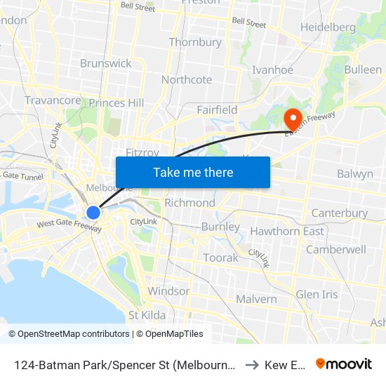124-Batman Park/Spencer St (Melbourne City) to Kew East map