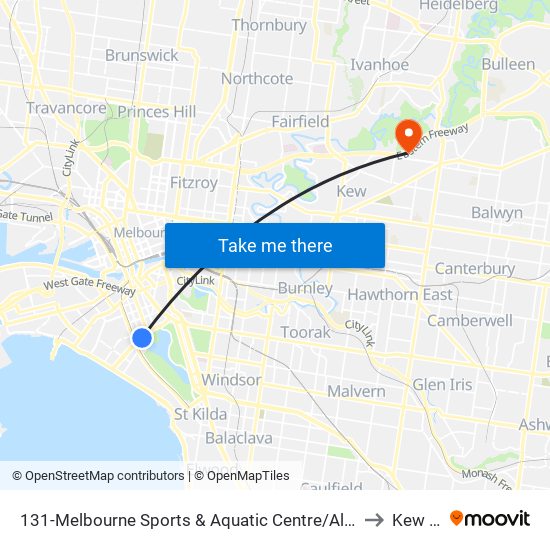 131-Melbourne Sports & Aquatic Centre/Albert Rd (Albert Park) to Kew East map