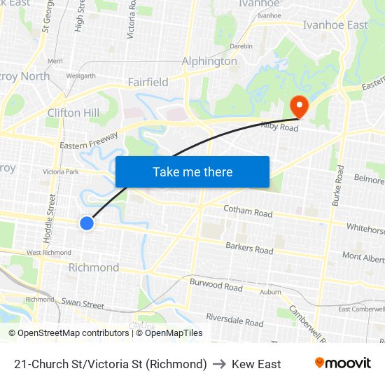 21-Church St/Victoria St (Richmond) to Kew East map