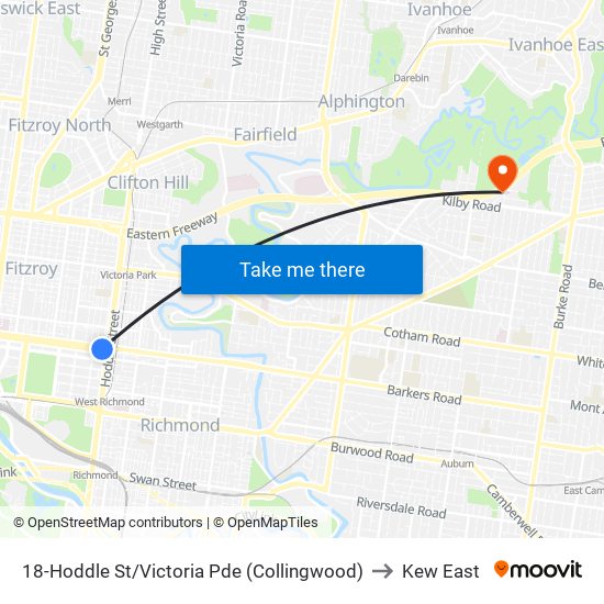 18-Hoddle St/Victoria Pde (Collingwood) to Kew East map