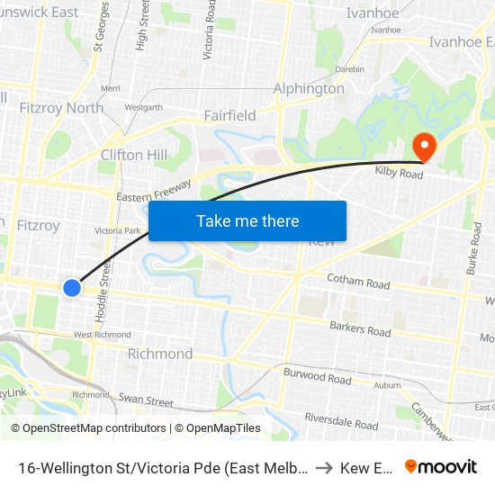 16-Wellington St/Victoria Pde (East Melbourne) to Kew East map