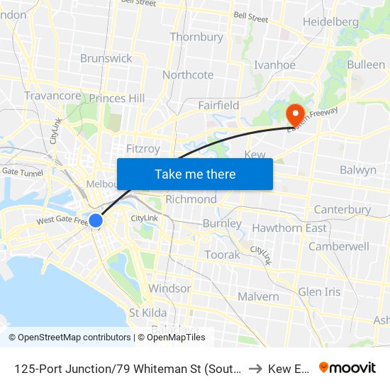 125-Port Junction/79 Whiteman St (Southbank) to Kew East map