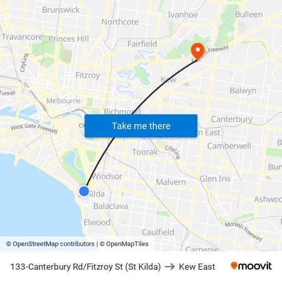 133-Canterbury Rd/Fitzroy St (St Kilda) to Kew East map