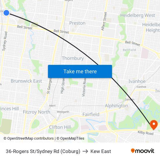 36-Rogers St/Sydney Rd (Coburg) to Kew East map