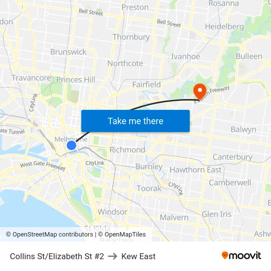 Collins St/Elizabeth St #2 to Kew East map
