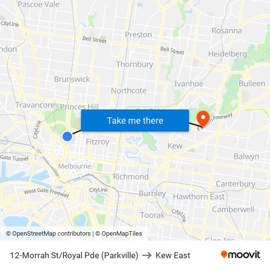 12-Morrah St/Royal Pde (Parkville) to Kew East map