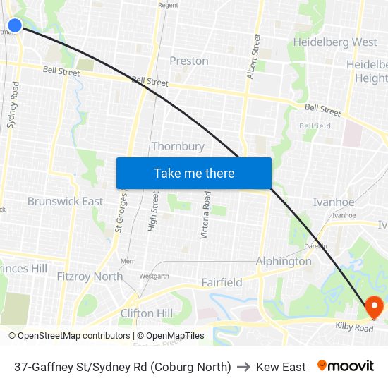 37-Gaffney St/Sydney Rd (Coburg North) to Kew East map