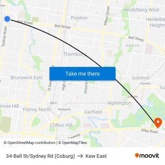 34-Bell St/Sydney Rd (Coburg) to Kew East map