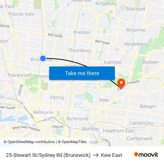 25-Stewart St/Sydney Rd (Brunswick) to Kew East map