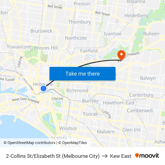 2-Collins St/Elizabeth St (Melbourne City) to Kew East map