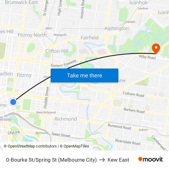 0-Bourke St/Spring St (Melbourne City) to Kew East map