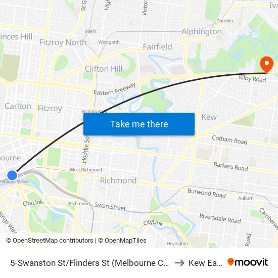 5-Swanston St/Flinders St (Melbourne City) to Kew East map