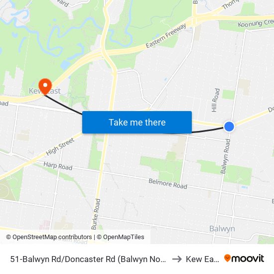 51-Balwyn Rd/Doncaster Rd (Balwyn North) to Kew East map