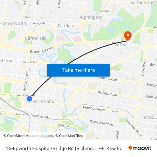 15-Epworth Hospital/Bridge Rd (Richmond) to Kew East map