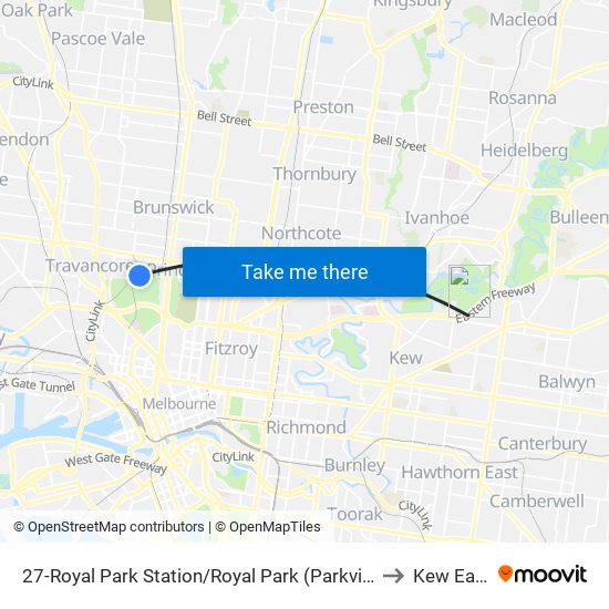 27-Royal Park Station/Royal Park (Parkville) to Kew East map