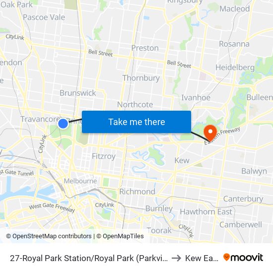 27-Royal Park Station/Royal Park (Parkville) to Kew East map