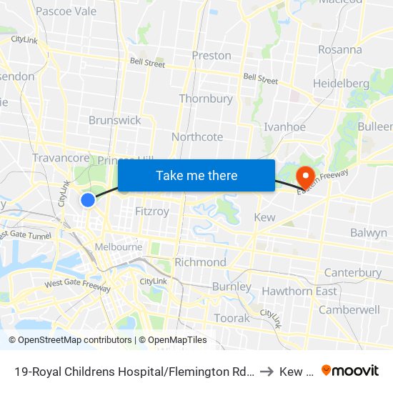 19-Royal Childrens Hospital/Flemington Rd (North Melbourne) to Kew East map